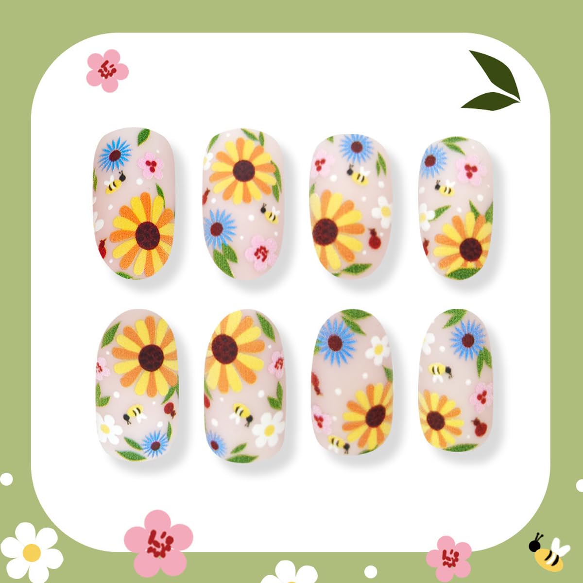 Flowers Press on Nails Spring Fake Nails Medium Oval False Nails with Floral,Bee Designs Glue on Nails Press ons Stick on Nail Full Cover Artificial Nail for Women Manicure 24Pcs