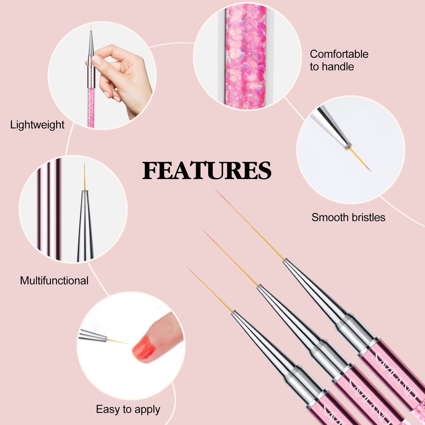 SAVILAND 6pcs Nail Art Liner Brushes & 5pcs Multi-Size Dotting Tools Set - Nail Brush Gel Polish Painting Nail Art Design Brushes Pen with Crushed Diamond Rhinestone Handle for Pulling Lines