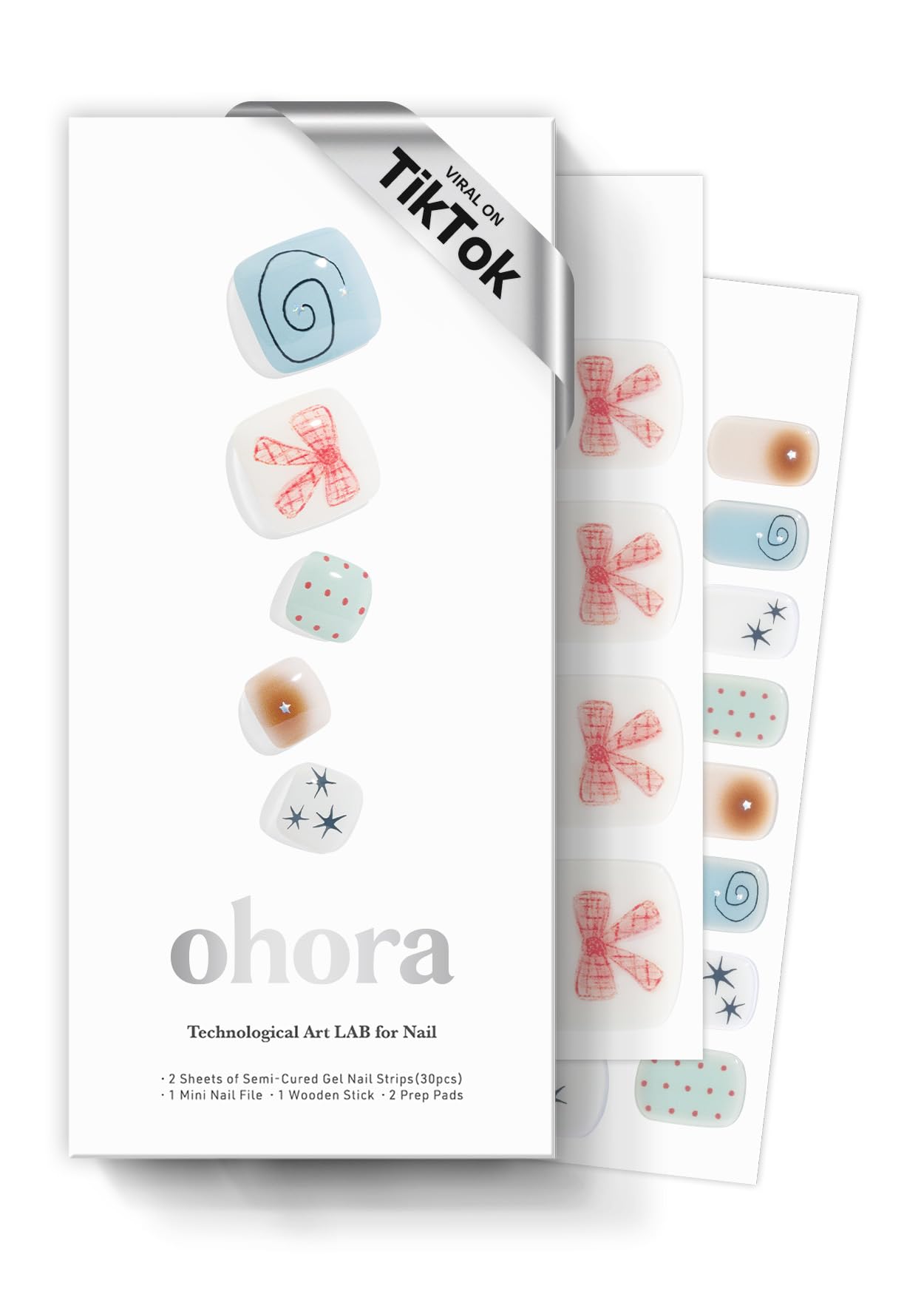 ohora Semi Cured Gel Pedi Strips (P Mini Museum) - Works with Any Nail Lamps, Salon-Quality, Long Lasting, Easy to Apply & Remove - Includes 2 Prep Pads, Nail File & Wooden Stick
