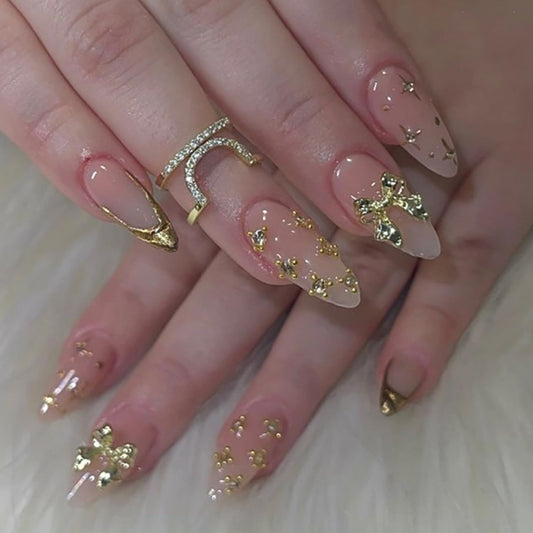 24Pcs Nude Pink Press on Nails Almond Shaped Artificial Acrylic French Metal Irregular Lines Design 3D Metallic Bow with Stars Fake Nails Medium Glossy Stick on Nail Artificial Fingernails for Women