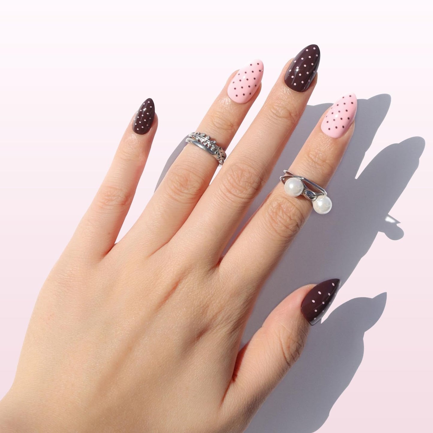 Nail Reformation Press On Nails, Double Dip | Polka Dot Short Almond Fake Nails in Rich Brown and Creamy Pink with Glossy Finish, Reusable Stick On Nails in 16 Sizes - 32 Nail Kit for Women Gifts