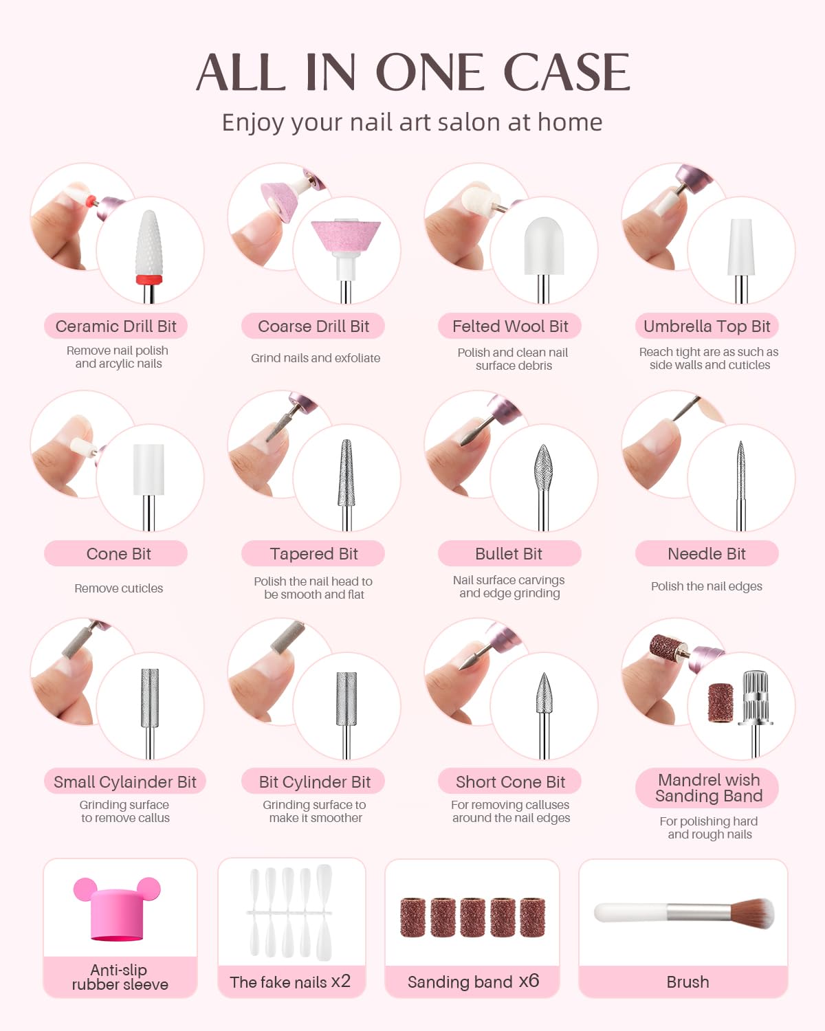 JOREST 13-in-1 Cordless Electric Nail Drill Kit with LED Display, 35,000 RPM 6-Speed Rechargeable Manicure Tool for Acrylic Gel Nails, Nail File with Bits & Sanding Bands, Gifts for Women, Rose Pink