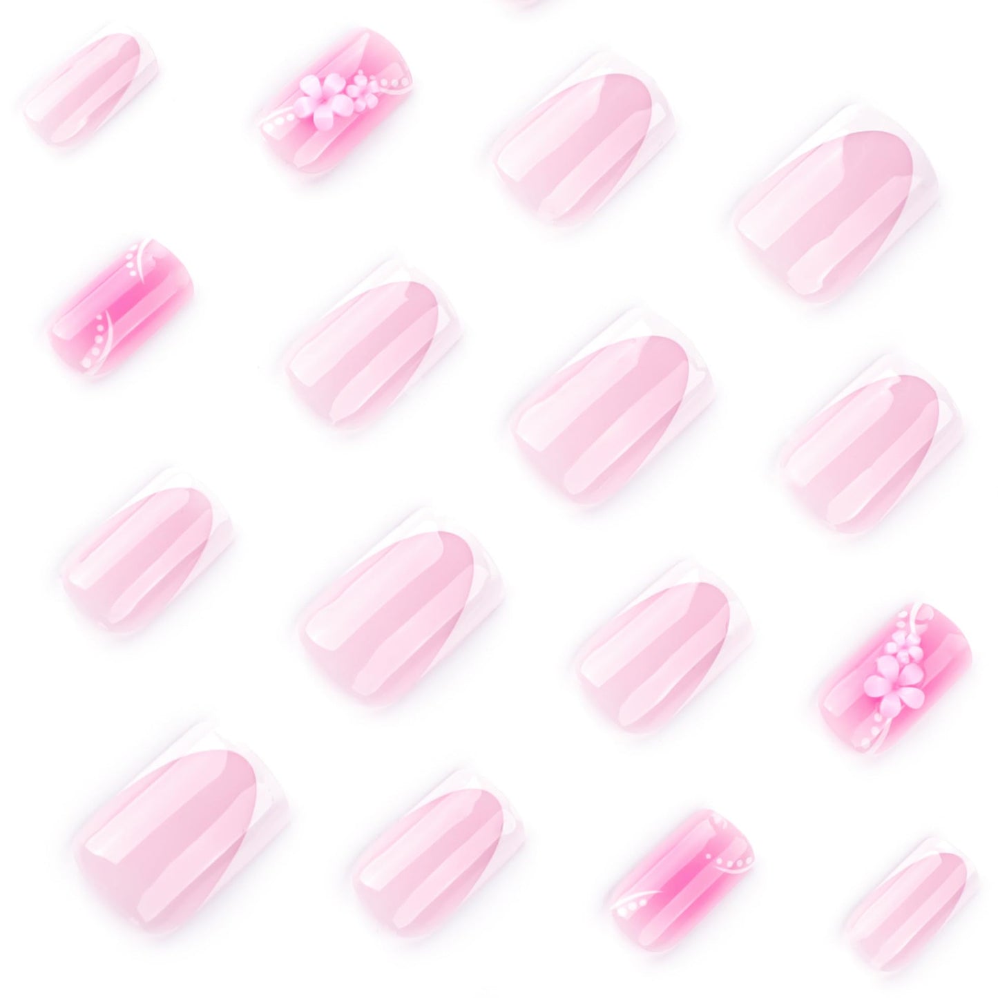 Pink Flower Press on Nails Medium Square Fake Nails White French Tip Acrylic False Nails with Spring Floral Designs Glue on Nail Glossy Artificial Nails Full Cover Stick on Nail for Women 24Pcs