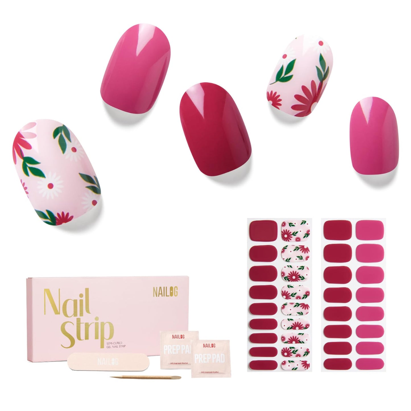 Semi Cured Gel Nail Strips - NAILOG 34 Pcs Floral Nail Stickers Extra Long Nail with Glossy Gel Finishing for Autumn Winter, in The Meadow