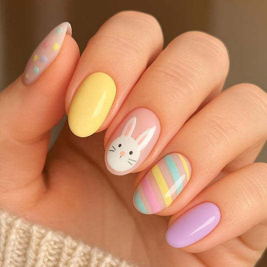 CJDLTS Easter Press on Nails Short Oval Artificial Acrylic False Nails Cute Rabbit Polka Dots with Colorful Stripe Full Cover Glossy Spring Glue on Nail Stick on Nail Artificial Fingernails for Women