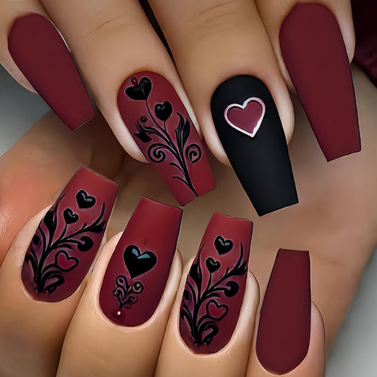 Flower Valentines Press on Nails Medium Ballet Artificial Acrylic Fake Nails Black Floral Red Love Design Heart Stick on Nail Full Cover Glossy Artificial Fingernails for Women Festival Manicure