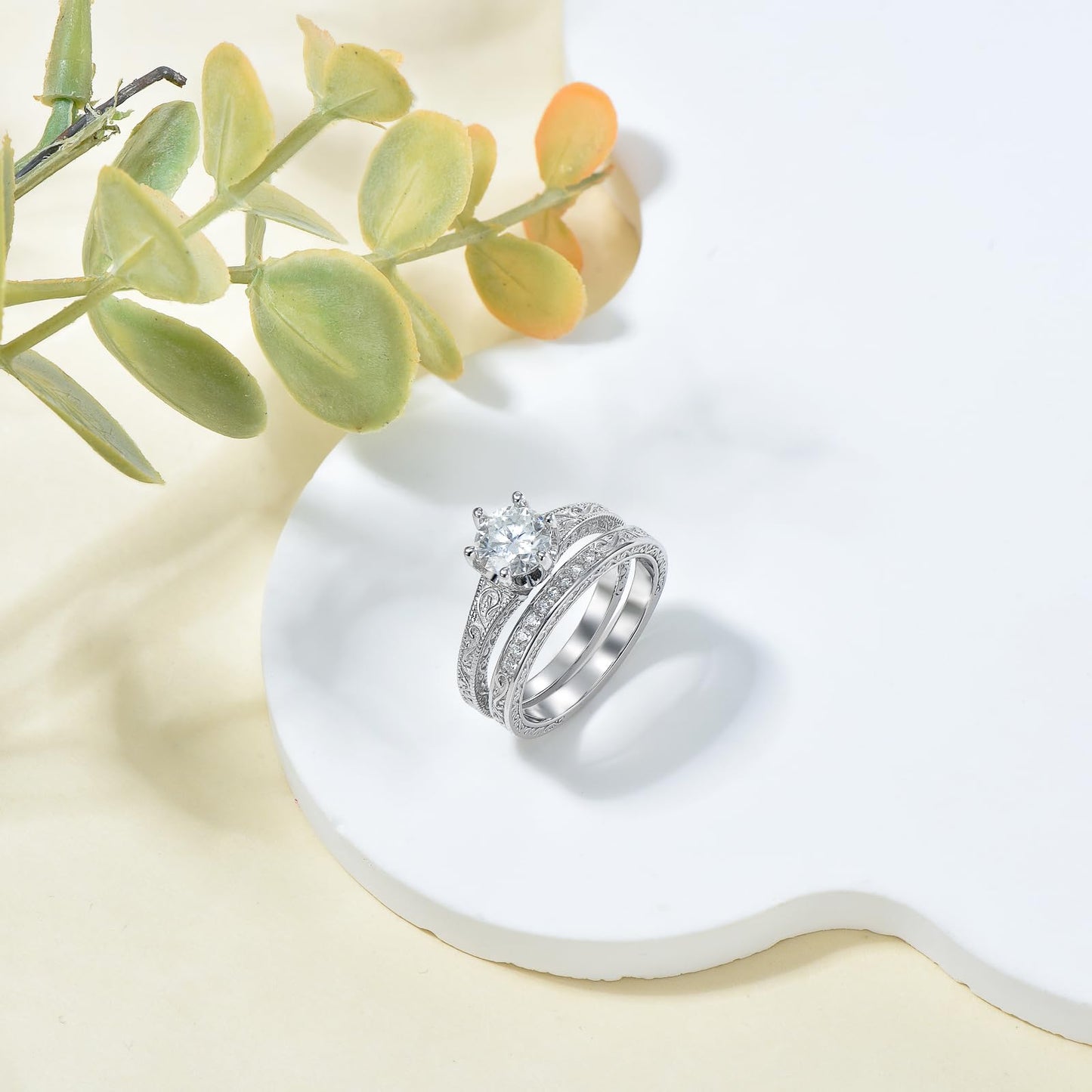1-3 Carat Round Cut Moissanite Bridal Set Engagement Ring for Women 0.072 Carat Lab Grown Diamond 925 Sterling Silver/10k/14k/18k Real Gold Custom Wedding Engagement Ring Set Jewelry （D Color, VVS Clarity）-12