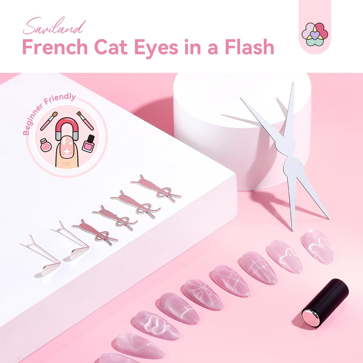 SAVILAND Cat Eye Magnet For Nails: 7 PCS Nail Magnet Guides for CatEye Magnet Gel Nail Polish Scissor-Shaped French Cat-Eye Effect Heart Magnet for Cat Eye Gel Polish Beginners Home Gift