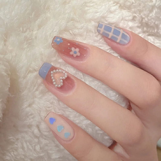 BABALAL Coffin Press on Nails Long Acrylic Nails Blue Pink Fake Nails Glossy Glue on 3D Heart Charm Cute Design for Women and Girls