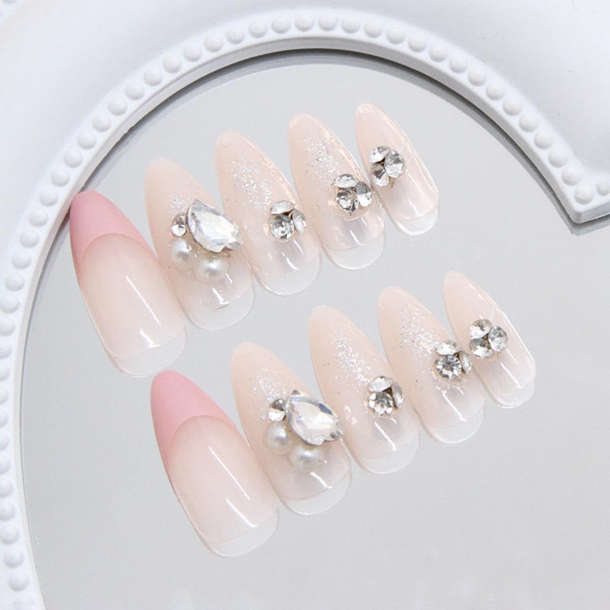 Nude Press on Nails Medium Almond Fake Nails with Glue White Pearl Design Glitter Glossy Acrylic Nails Design Gems Charms Fake Nails for Women DIY Manicure Decoration 24PCS