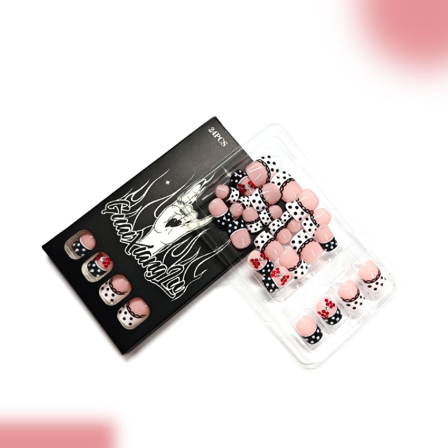 French Tip Press on Nails Short Square Fake Nails with Rhinestones Polka Dot Lace Bow Designs Nails Press ons Black White Glue on Nails Cute Stick on Nails for Women 24Pcs