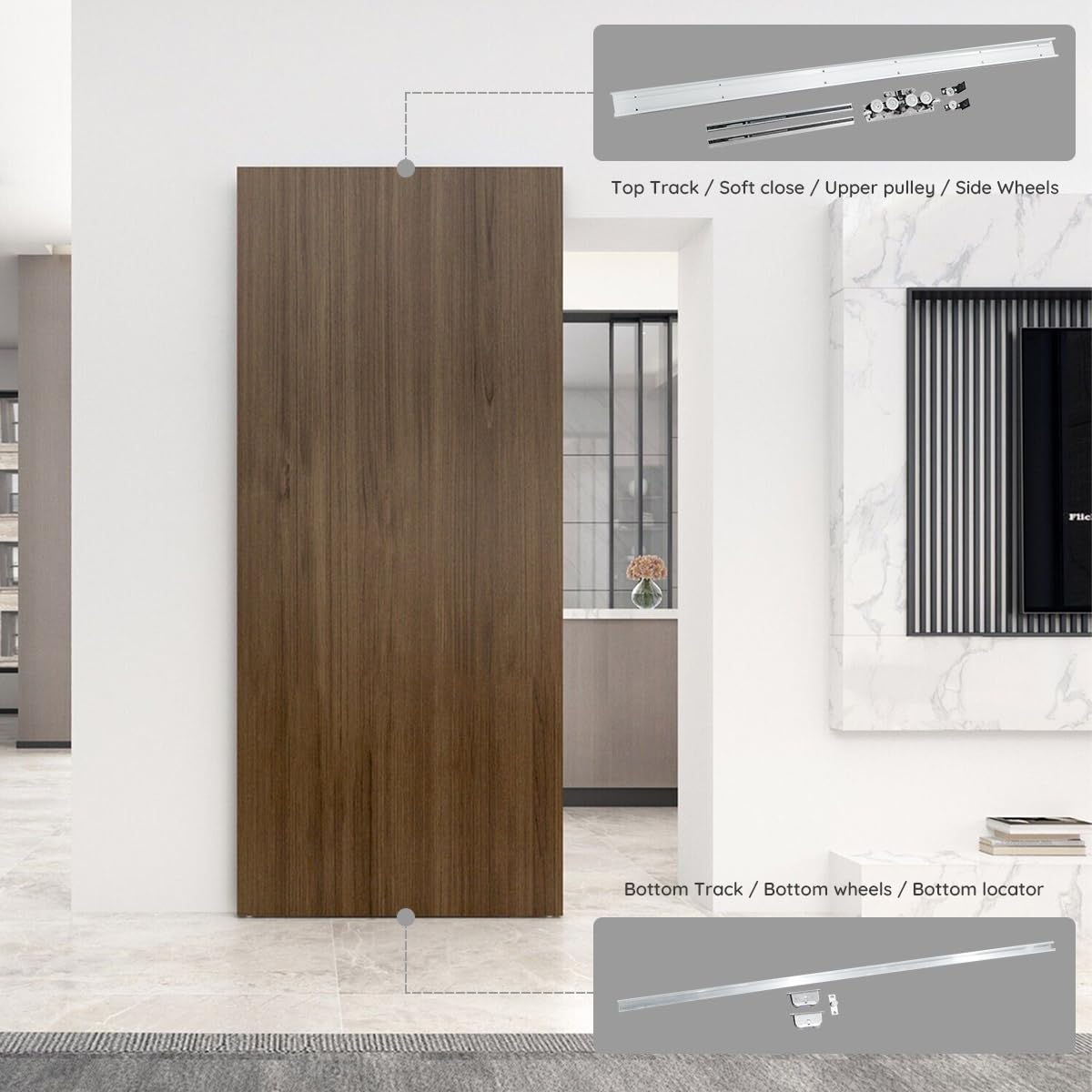 59“Concealed Sliding Barn Door Hardware and Track ，Floating Wall Mount，Soft Closing (Newly upgraded 4-wheel pulley)