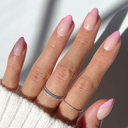 Glamnetic Press On Nails - Pink Macaron Spring Nails | Semi-Transparent Light Pink Pastel French Tip Short Almond Fake Nails in a Glossy Finish, Salon Quality | 15 Sizes - 30 Nail Kit