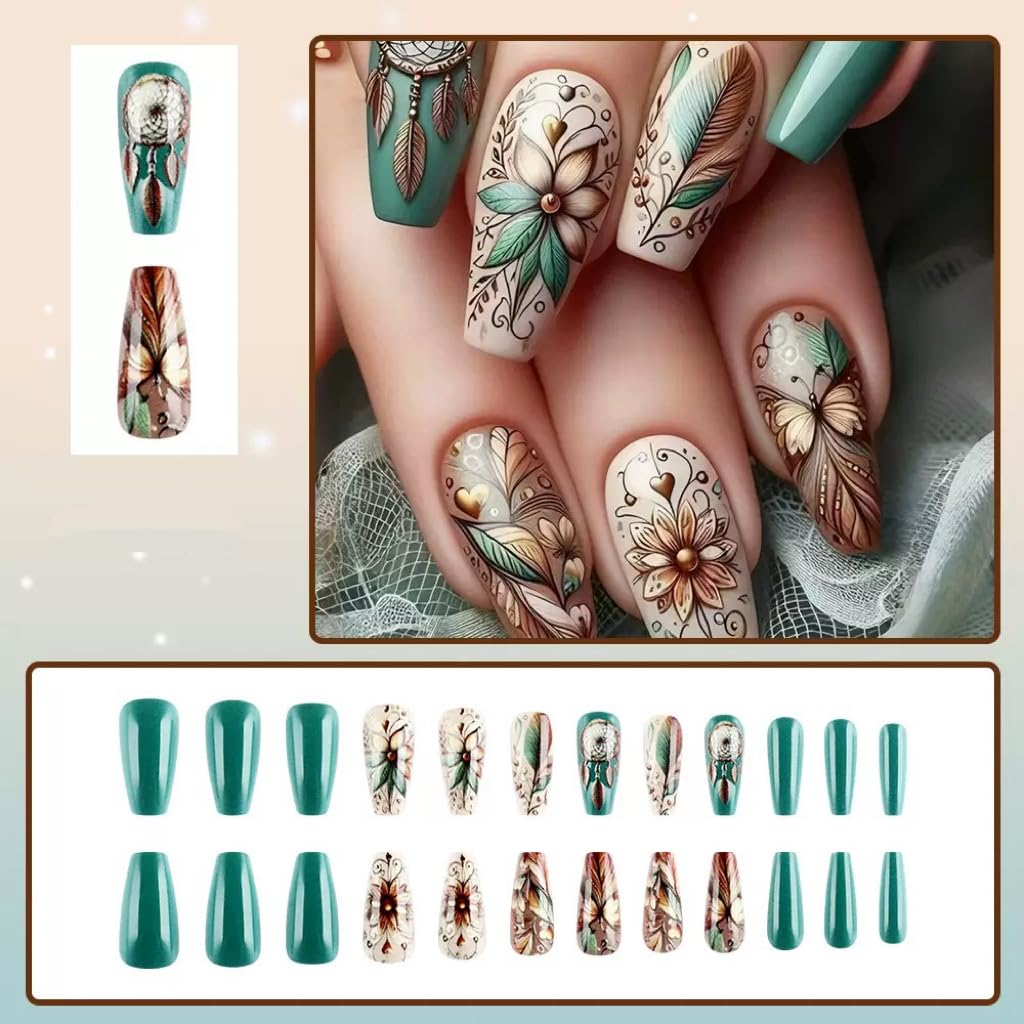 Ocean Press on Nails Square - Medium Fake Nails with Coral Shell Design - Summer, White Frecnh Tip False Nails for Women 24 Pcs