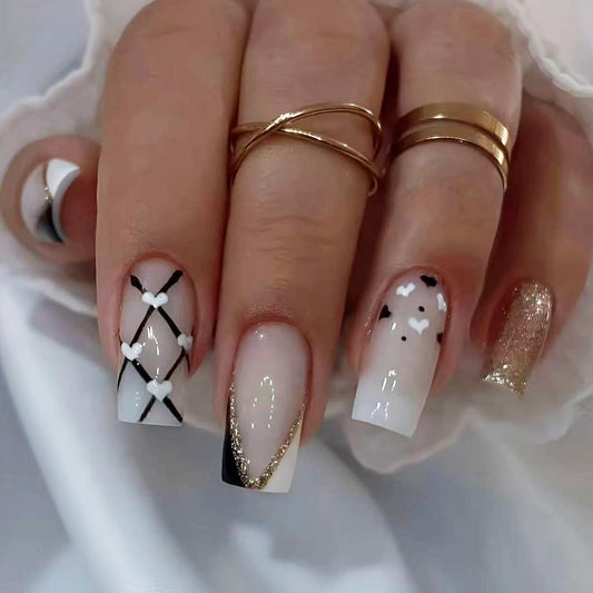 IMSOHOT Press on Nails Long Square Fake Nails with Heart, Golden Glitter Design Black White False Nails Stick on Nails for Women Acrylic Manicure Decoration