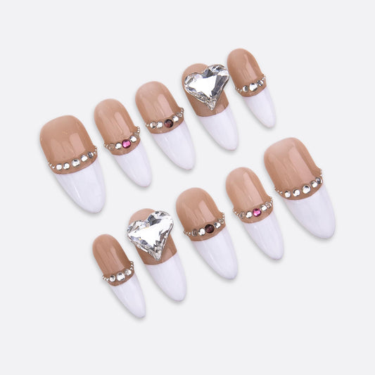 SIYOU Beauty | Gemstone French | Light Brown and White French Tip Rhinestone Long Almond Press On Nails for Women (Small) - Reusable, Salon-Quality Fake Nails (10pc)
