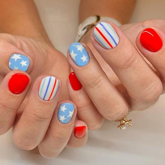 4th of July Press on Nails Square Short Fake Nails Star Nails Design Independence Day False Nails Blue Red Striped Patriotic Glue on Nails Glossy Acrylic Nails for Women Summer Holiday Manicure 24Pcs