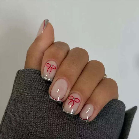 French Tip Press On Nails Short Square Fake Nails Bowknot With Pearl Design Cute False Nails Reusable Artificial Acrylic Glue On Nail Full Cover Stick On Nail For Women Manicure 24pcs