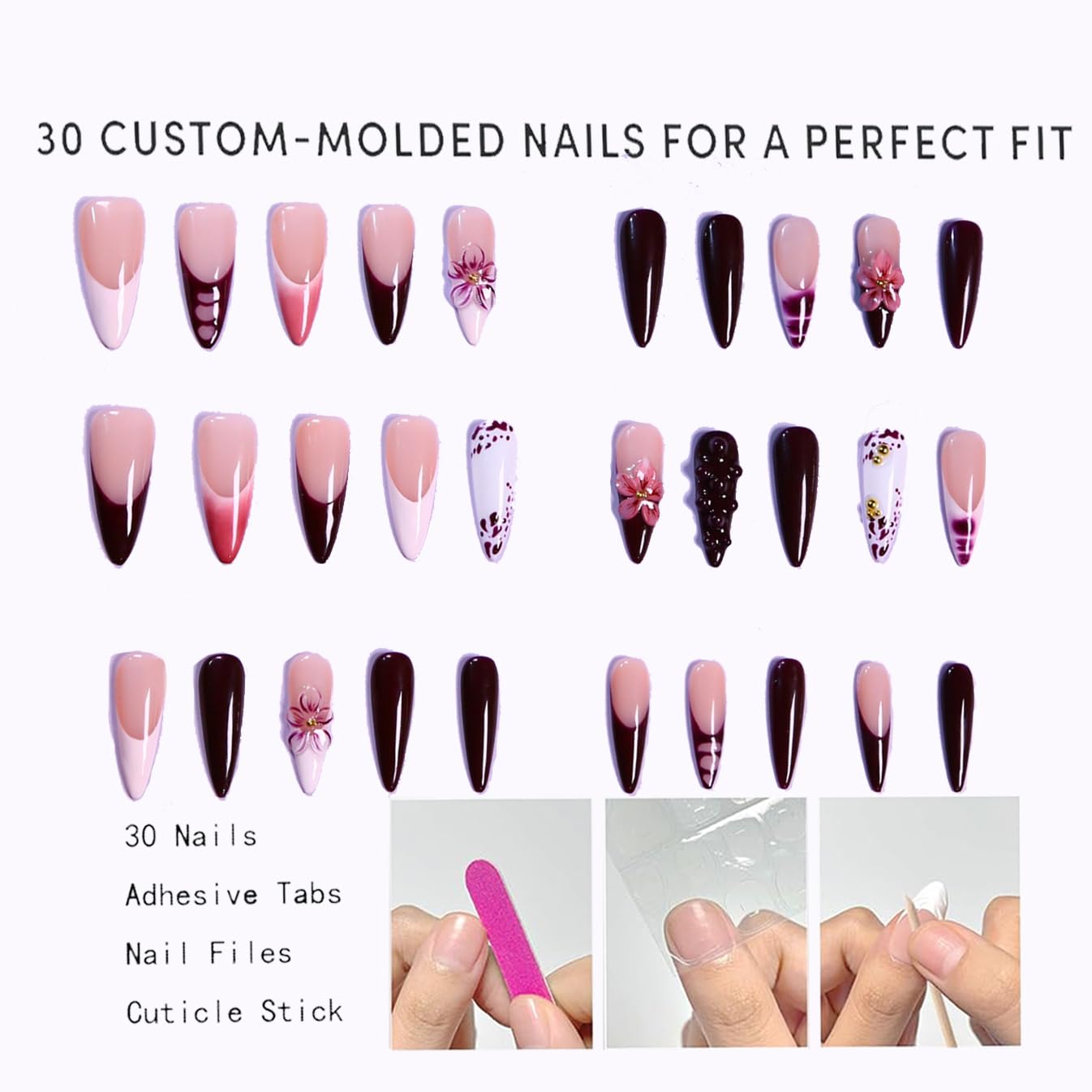 MAGLFELL Press On Nails - Handmade Long Stiletto Fake Nails, 3D Painting Purple French and Floral Design, Reusable Artificial False Nails for Women 15 Sizes - 30Pcs Stick On Nails Kit