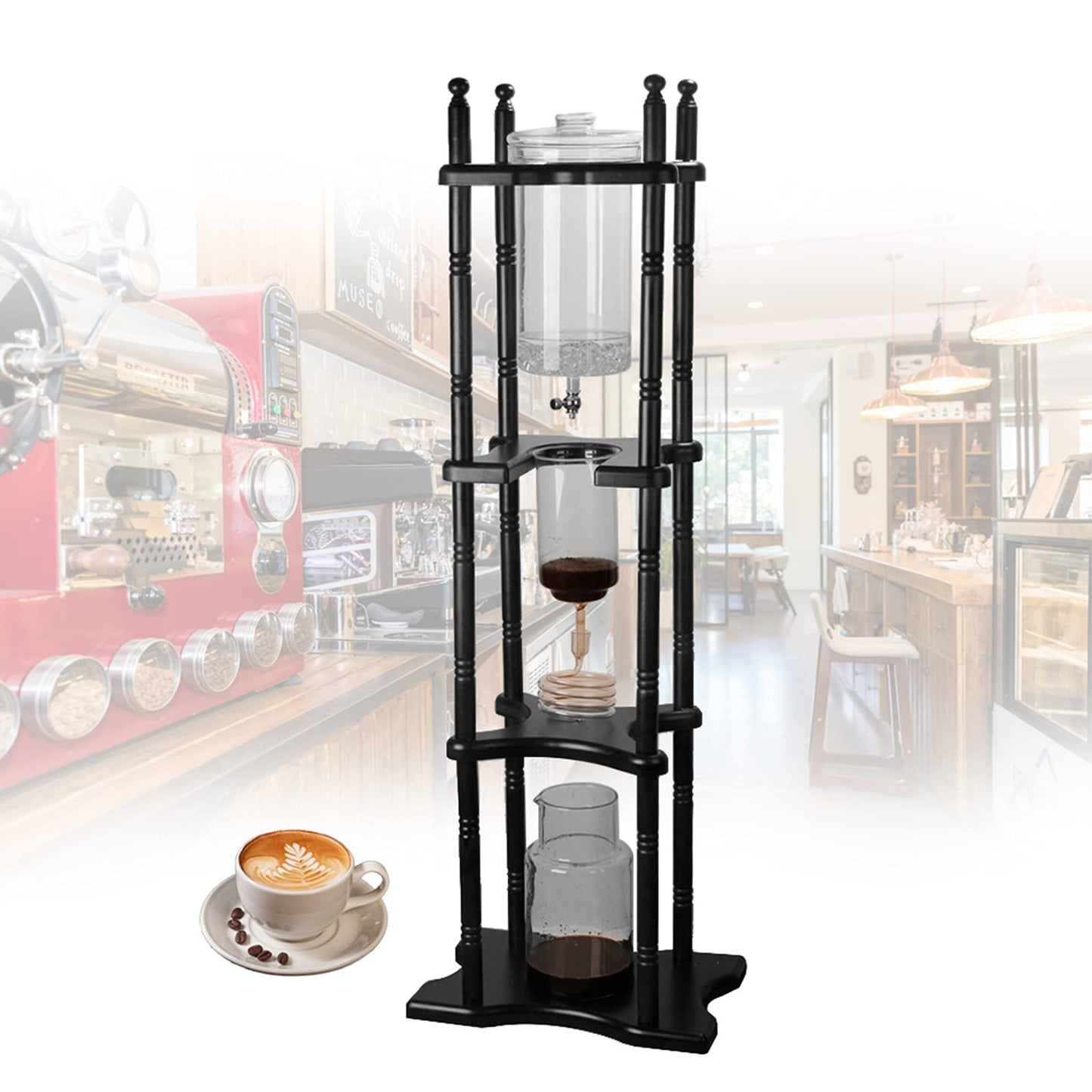 HinLIaDa Cold Drip Coffee Maker, 2.5L Large Capacity Cold Brew Coffee Tower, Slow Drip Japanese Cold Brew Maker, with Wood Straight Frame, for Home, Coffee Shop (Black)