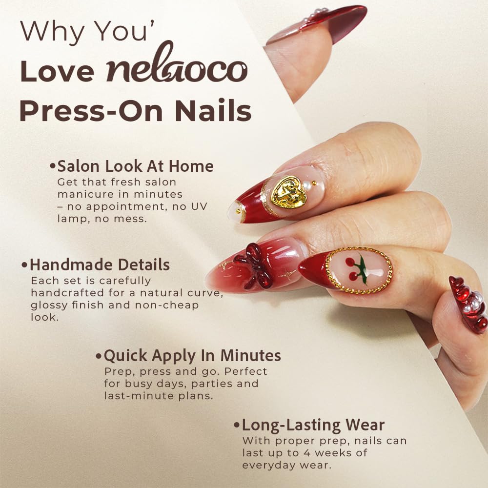 Nelaoco 10PCS Handmade Press On Nails REUSABLE 3D Gel Fake Nails Acrylic Slim Natural Profile Glassy Shine & Detail-Focused Finish (Berry Wild Print Red - M)