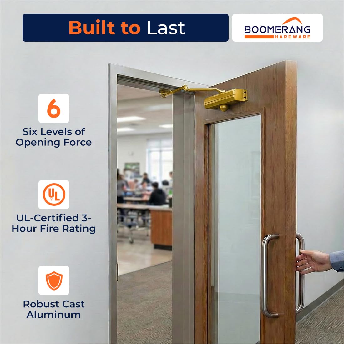 Boomerang Medium/Heavy Duty Automatic Commercial Door Closer -D4016 Surface Mounted, Grade 1- ADA & UL 3 Hour Fire Rated, Adjustable Size 1-6 for Entry & Aluminum Storefronts, Painted Brass/Gold (US4)