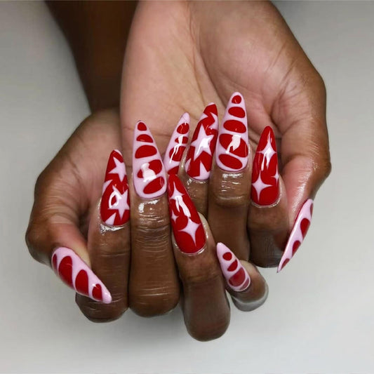 IMRAIN Medium Press on Nails Almond Fake Nails Red Pink False Nails with Star Designs Glossy Full Cover Acrylic Stick on Nails for Women Girls 24Pcs