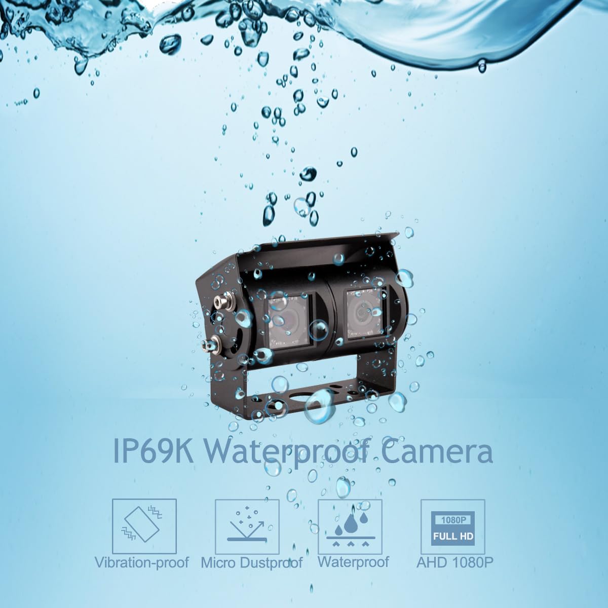 AHD 1080P 7" Reverse Rear View Backup Dual Twin Lens Camera System, Point Each Lens in a Different Direction, IR, Waterproof, 10G Vibration-proof for Tractor/Truck/Camper/Caravan/Skid Steer/Harvester