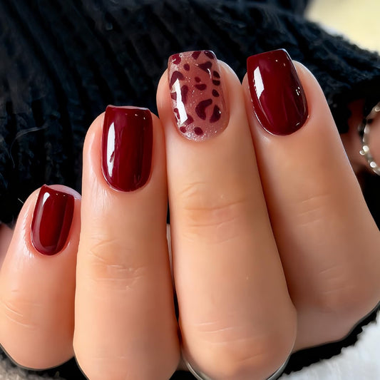 Red Press on Nails Short Square CEWEWP Fake Nails Winter False Nail with Gold Glitter Red Leopard Print Designs Glossy Glue on Nail Full Cover Acrylic Nails for Women Girls 24Pcs