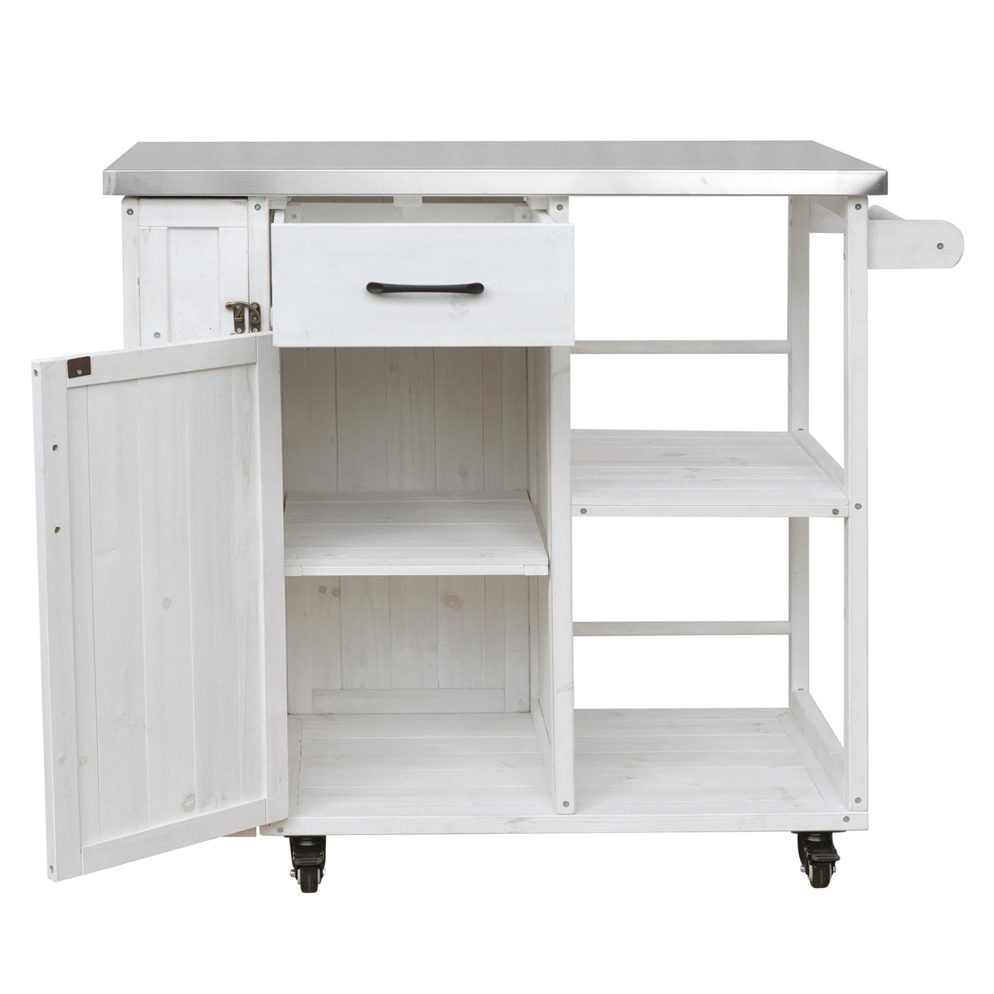 Merax 40.5" Outdoor Grill Cart Table with Storage Cabinet & Stainless Steel Top, Fir Wood Outdoor Kitchen Island on Lockable Wheels, Built-in Towel & Spice Racks for Patio BBQ Food Prep, White