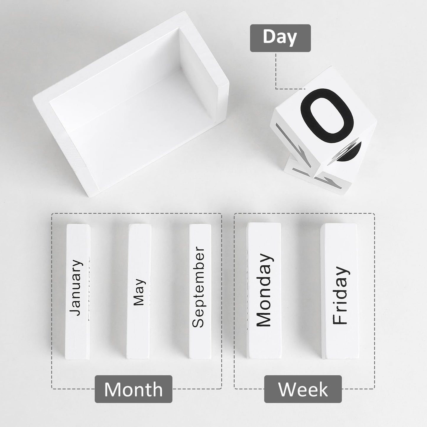 DEERINE Wooden Block Calendar for Desk, Daily Desktop Perpetual Desk Calendar, Cute Date Display Blocks Desk Accessory for Home Office Decor, Teacher, Classroom, Reusable Yearly, White