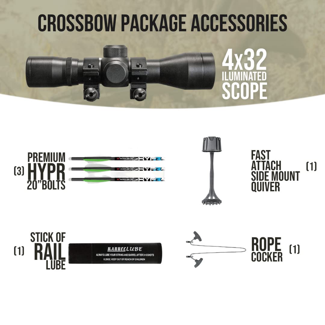 Killer Instinct Boss 405 FPS Deluxe Crossbow Package Bundle with Crossbow Carrying Case, 9-Pack of Crossbow Bolts and Broadheads, Decocking Bolt, Sling and Accessories (7 Items)