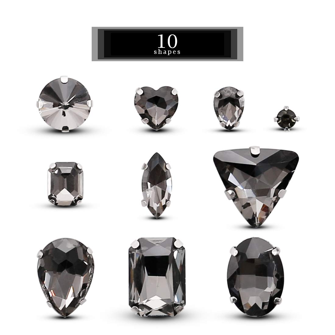 TANOSII Sew on Rhinestones 100 PCS Mixed Shapes Glass Rhinestones Sew on Crystal Gems Mental Flatback with Silver Claw for Jewelry Crafts Clothes Shoes Costume Garment Gray