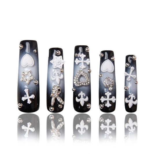 LOVFUL Reusable Press on Nails | Grey Atomic | Salon Quality Sustainable Style Handmade with Full Covered Crystals | Square Mid length 1.7 in | H297-M