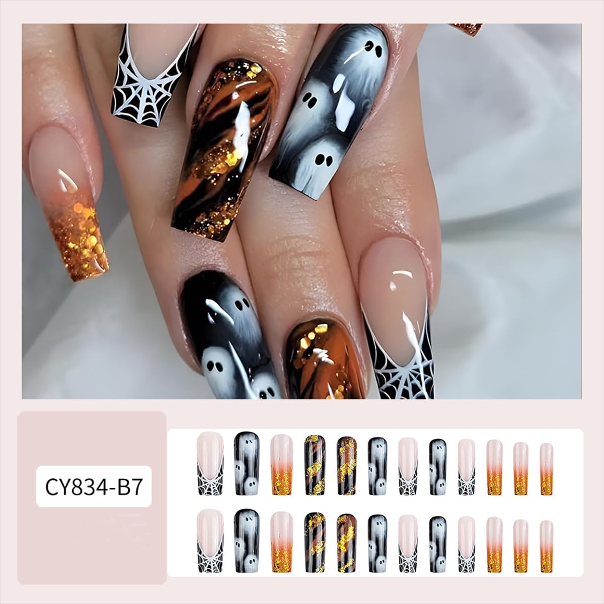 Halloween Press on Nails Long Square Fake Nails Cute White Ghost False Nails with Designs Spider Web Glue on Nails Long Coffin Acrylic Nail Glitter French Tip Glossy Stick on Nail for Women 24 Pcs