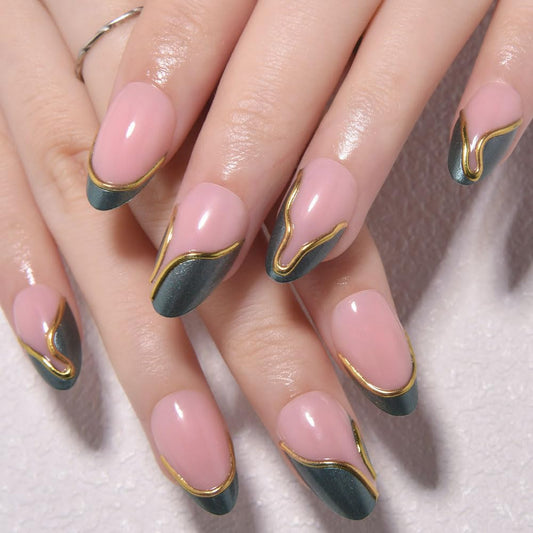 evpct French Tip Press On Nails Short Almond, Nude Pink + Gold Line & Dark Green Tips, Short Almond Fake False Press on Nails, Reusable Gel Stick on nail Press ons with Nail Kit, Salon Quality