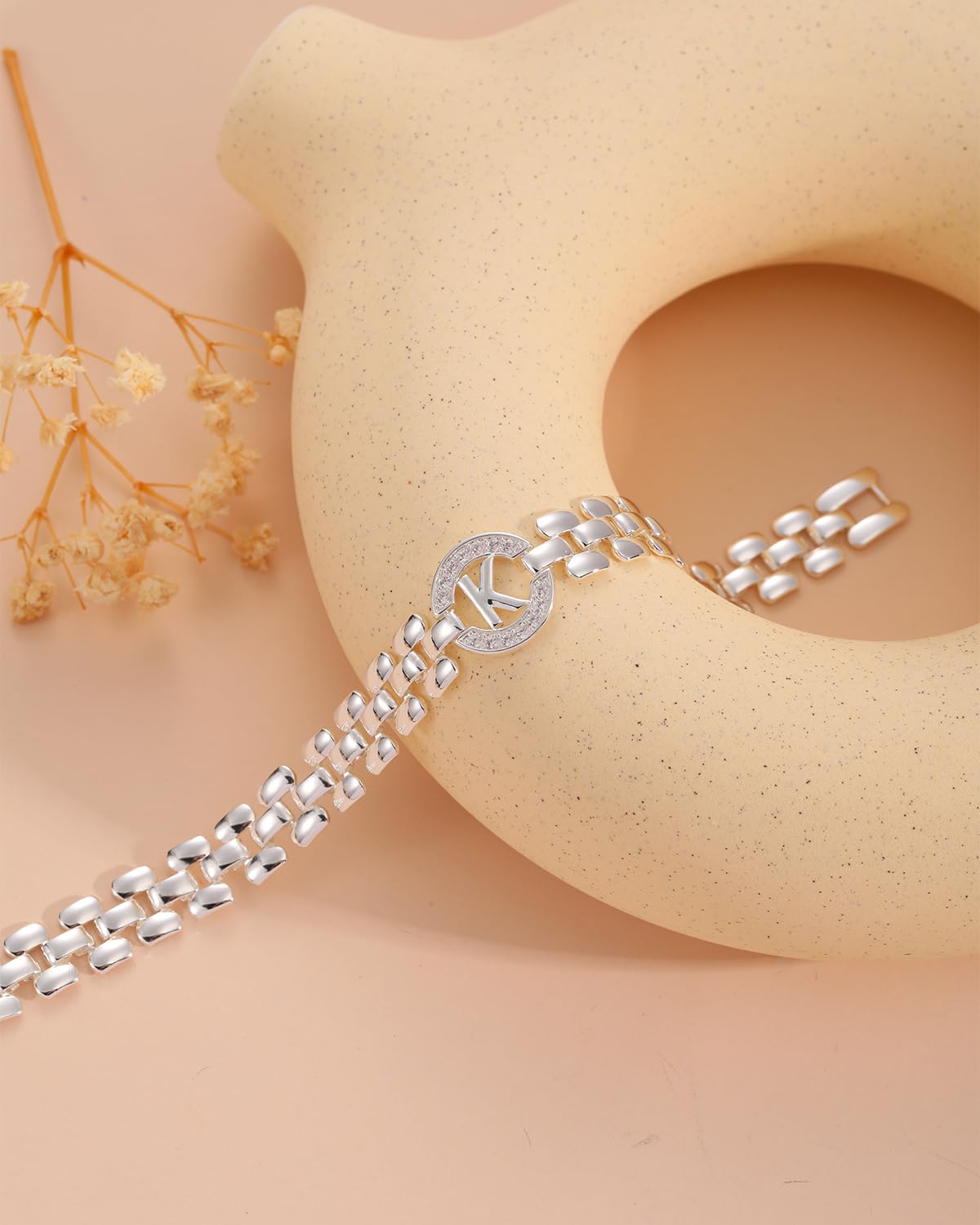 WEDDINEN Initial Bracelet,Silver Letter Bracelets for Women, Thick Bangle Wrist Gold Initial Bracelets for Women, Alphabet Bracelet Jewelry Initial I Charm Chain, 7in