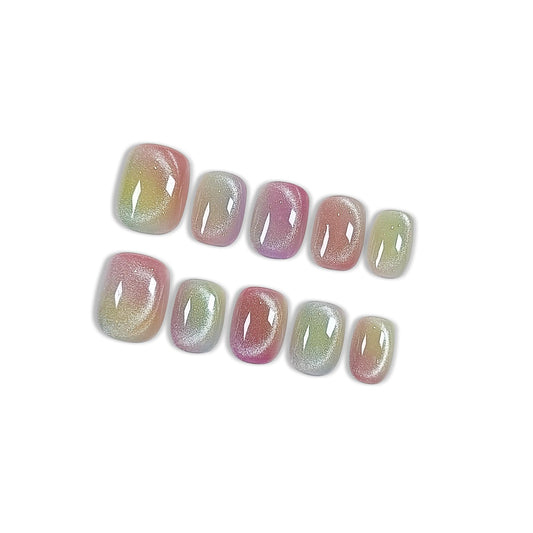 Hantyer Press on Nails with Tools Kit, Short Oval Fake Nails in Dopamine Colors, Summer Cat Eye Gel Nails, Handmade Tips Cute & Vibrant Style for Women Daily & Pool Parties(Size M)