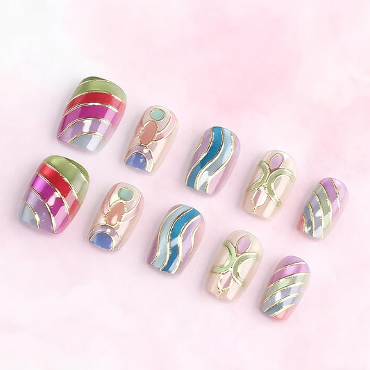 Vopintpy Multicolor Press on Nails Short Coffin Fake Nails with Design Glossy Acrylic Glue on Nail Reusable Full Cover Artificial Stick on Nail for Women DIY Manicure