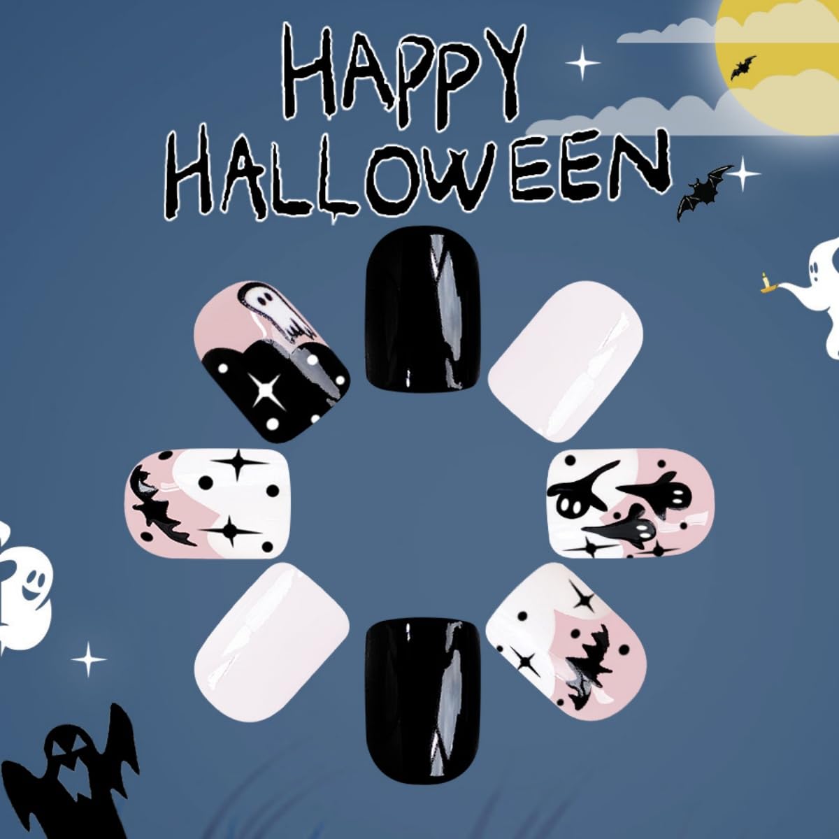 Halloween Press on Nails Short Square Fake Nails Ghost Bat False Nails White Black Design Stick on Nails Artificial Handmade Full Cover Acrylic Glue on Nail for Women Nail Art Decoration 24Pcs