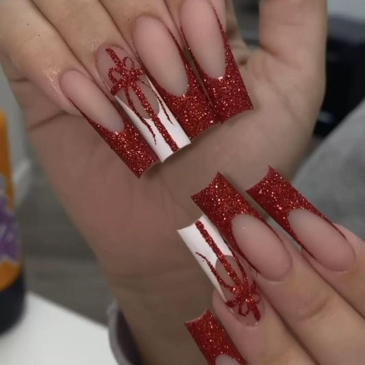 Long Press on Nails Square - Red French Tip Fake Nails with Bow Design - Glitter False Nails Press ons - for Women Manicure 24 Pcs