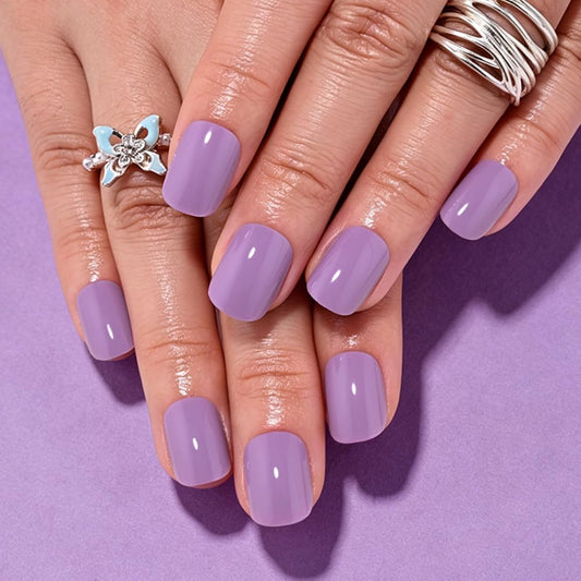 evpct Violet Purple Glossy Squoval Short Press on Nails for Women, Purple Extra Short Squoval No Glue Stick on Nails with Kit, Reusable Full Cover Soft Press on Fake Nail Salon-quality Perfectly Fit