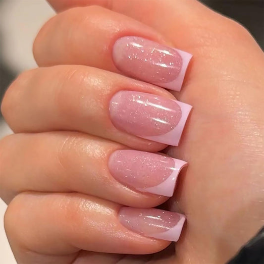 Pink Press On Nails Medium French Tip Fake Nails Nude Pink with Glossy Design Full Cover Artificial Glue on Nails White Glitter Stick on Nails Acrylic False Nails for Women Girls DIY Manicure 24Pcs
