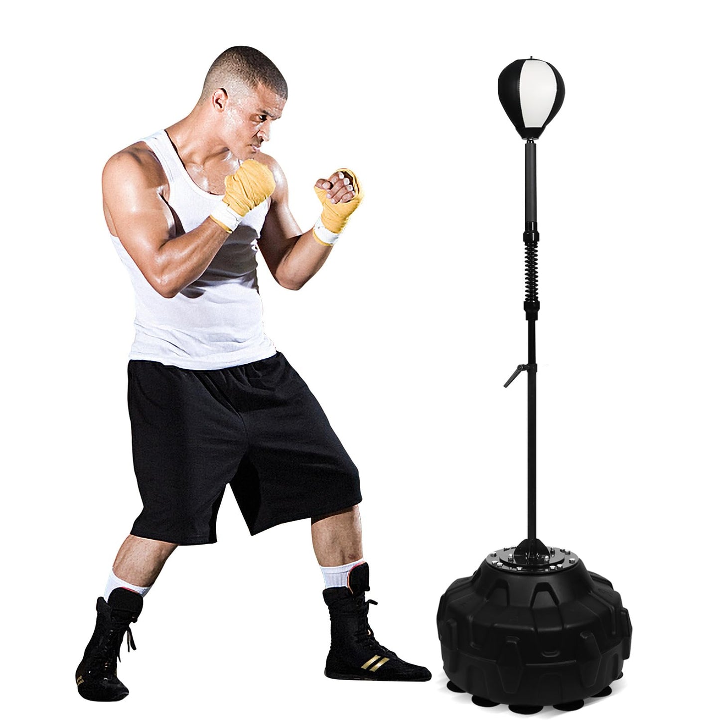 Speed Bar with Sturdy Base for MMA High-Energy Spring Training Reflex-Free Standing Boxing Bag Adjustable in Height Featuring Durable Stress Relief Ball for Fitness Fans (Black White)
