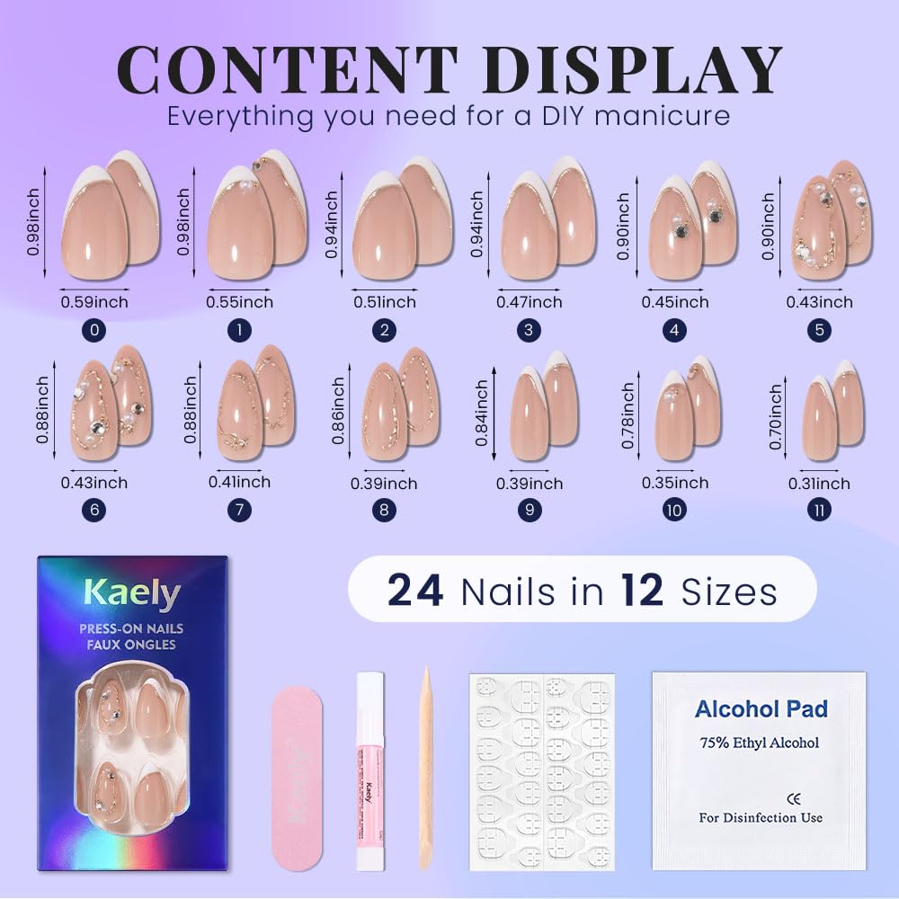 evpct Nude 3D Press on Nails Short Almond, White French Tip Nail Short Almond with Gold Line Design, Glossy Stick on Nails for Women Gift, Reusable Full Cover Soft Gel Press on Fake Nail with Design