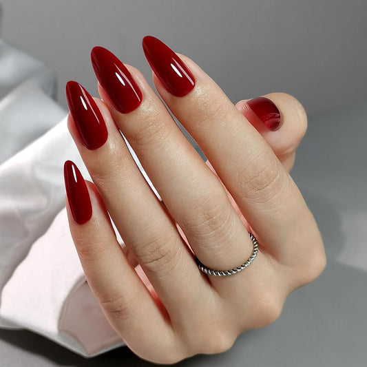 CurvLife Soft Gel Almond Press On Nails – Reusable Chic Red False Natural Fit Long Christmas Fake Nails Tips Stick Ons, Salon Quality UV Finish