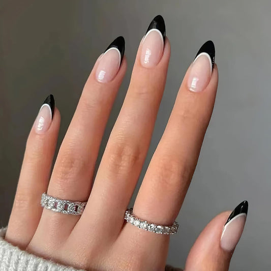 Jremg French Tip Press-on Nails - Medium Almond Shaped, Glossy Black With White Line Design - Full Cover Acrylic Nails for Women and Girls - DIY Manicure Set 24Pcs