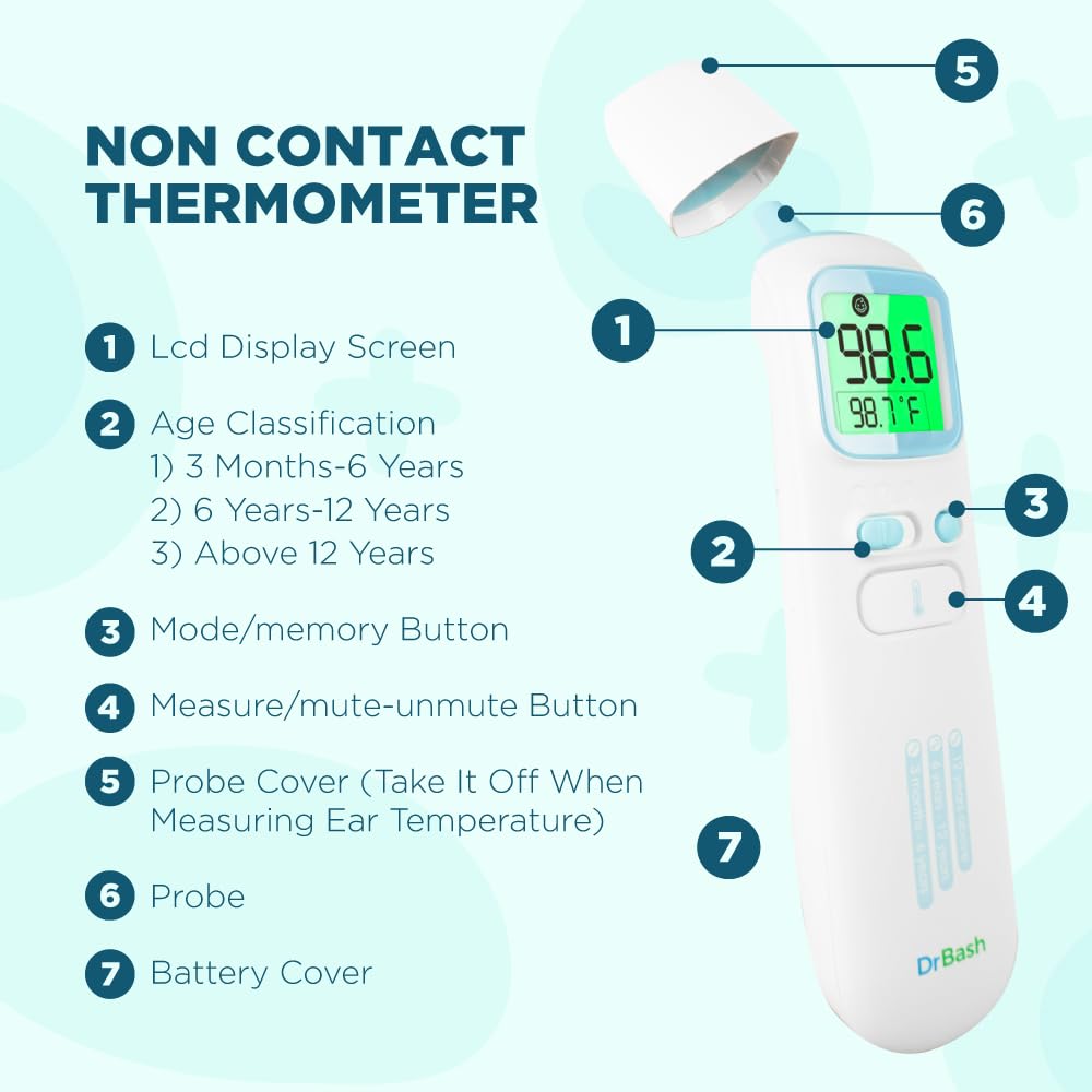 DrBash Thermometer for Adults and Kids, 3-in-1 Infrared Thermometer for Ear, Forehead & Touchless, Fever Digital Baby Thermometer with Fever Alert and Memory Recall