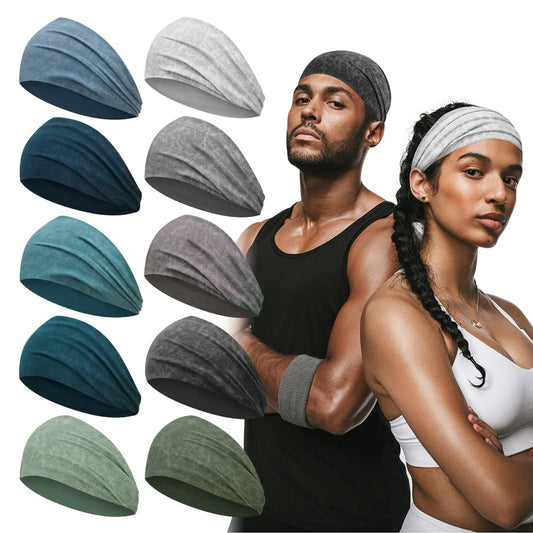 MYKURS Mens Sports Headbands for Long Hair, Wide Sweat Band Yoga Band No-Slip, Workout Headbands for Men and Women, Multicolors 10 PCS