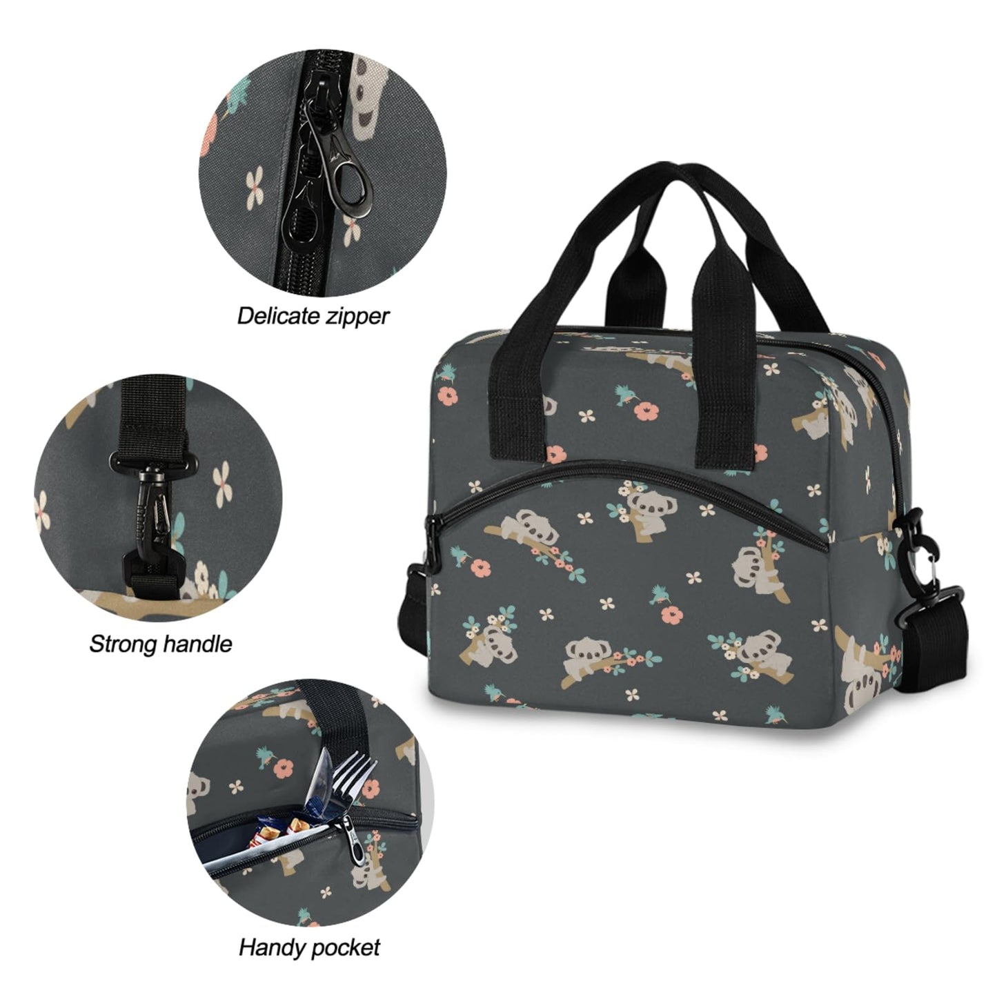 OREZI Kids Lunch Bag Girls Boys Children Student Women School Work Travel,Insulated Lunch Box Lunch Organizer Cooler Bento Bags with Adjustable Strap(Cute Floral Koala)